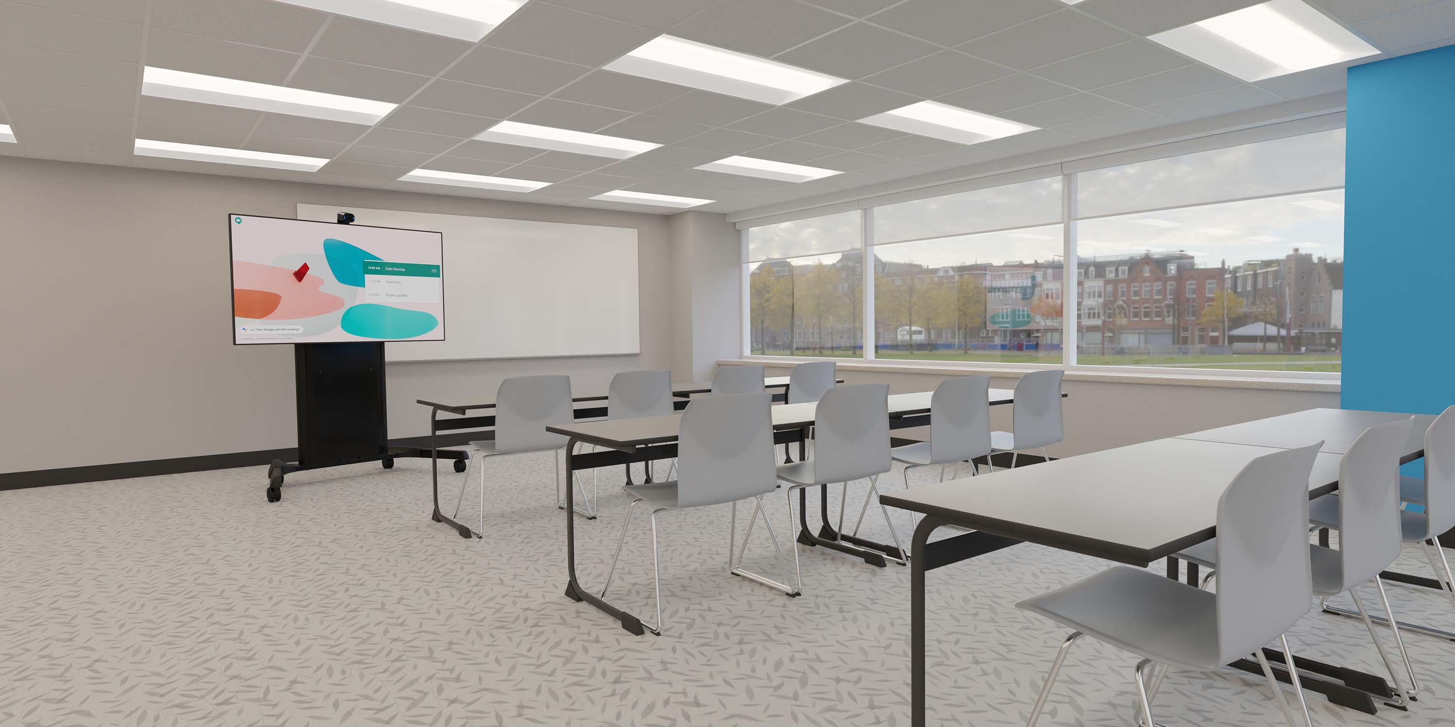 training spaces with black chairs and presentation technology